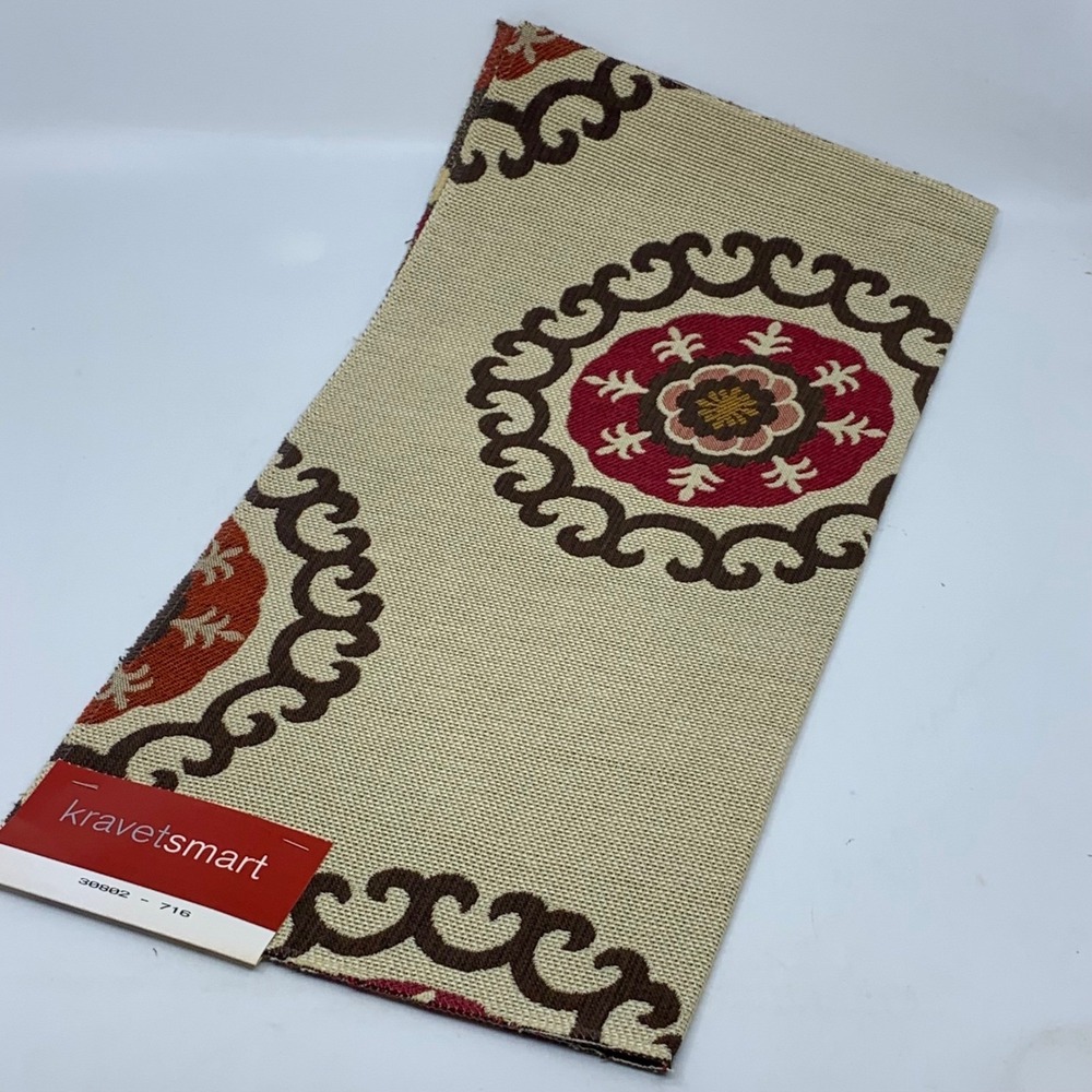 Kravet‎ Smart Fabric Sample Floral Medallion Beige Brown Red Textured Remnant